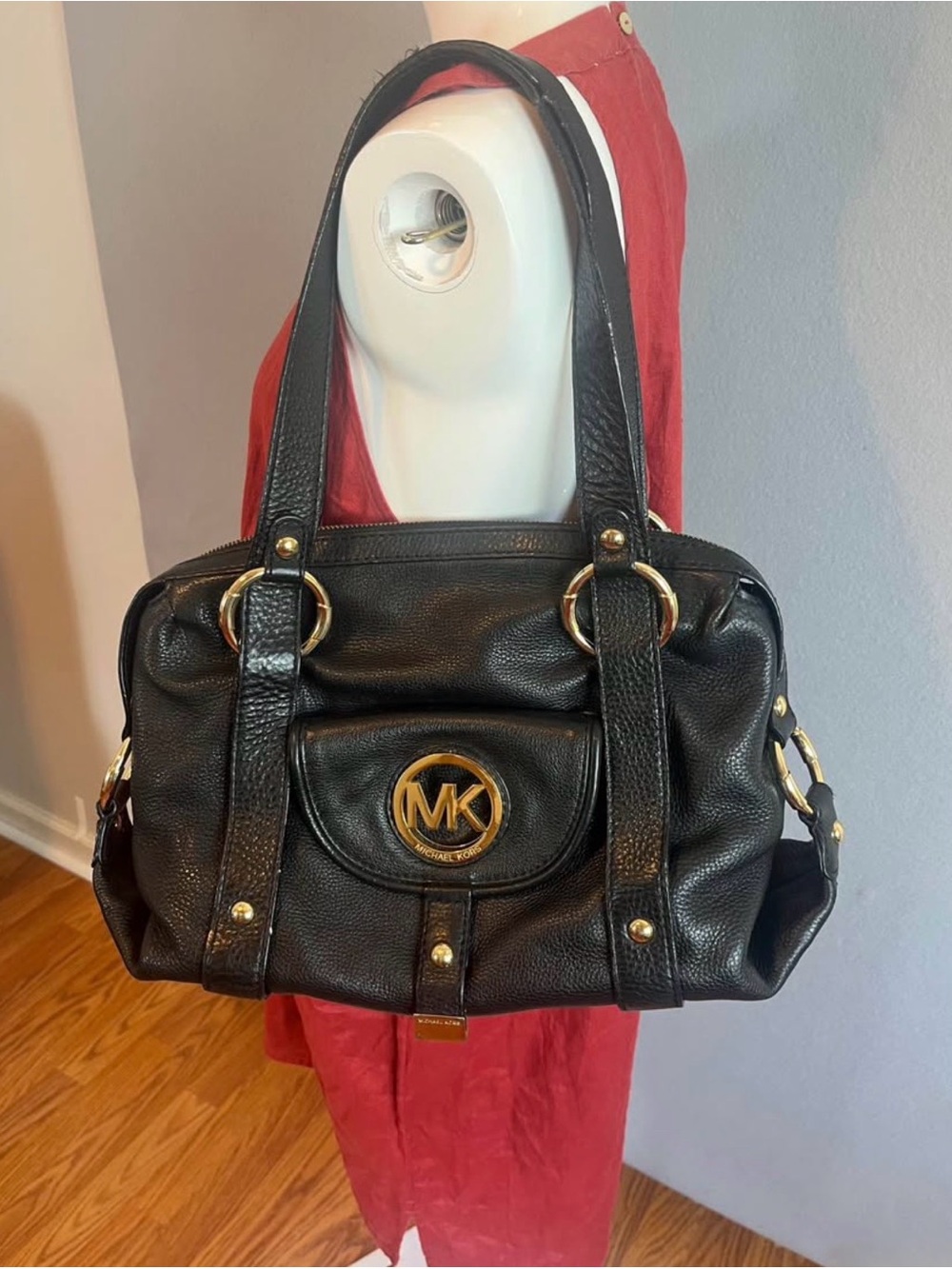 Michael Kors Fulton Black Leather Satchel Shoulder Bag Gold MK Circle Logo Hobo